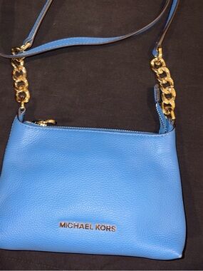 Michael Kors Blue Pebbled Leather Crossbody with Gold Chain Detail